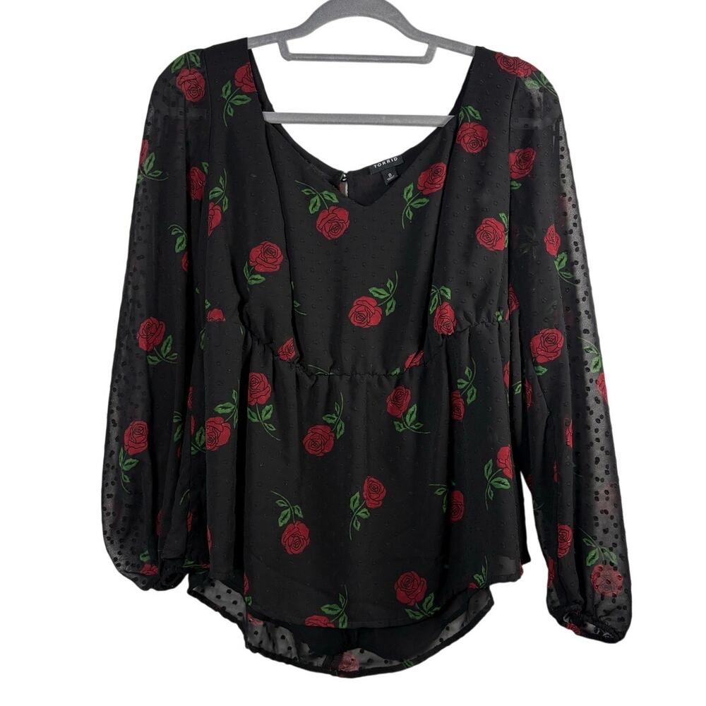 Torrid Black Red Rose Clip Dot Chiffon Peplum Blouse Puff Sleeve Top Size 12 L